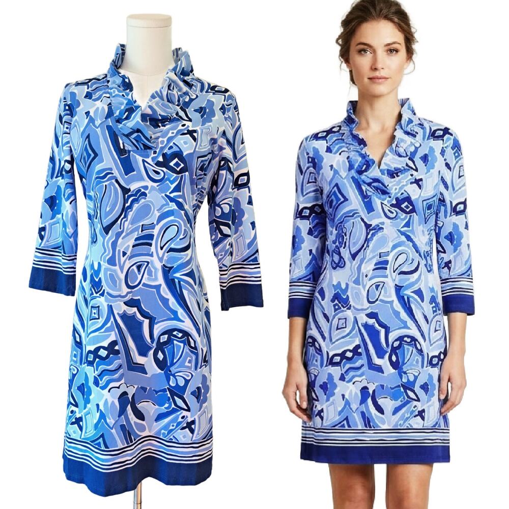 BARBARA ERICKSON Ruffle Neck Mini Dress Small Resort Blue Floral 3/4 Sleeve